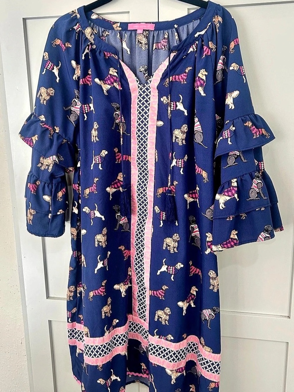 Simply Southern Bell Sleeve Ruffle Dog Print Dress Blue & Pink XL
